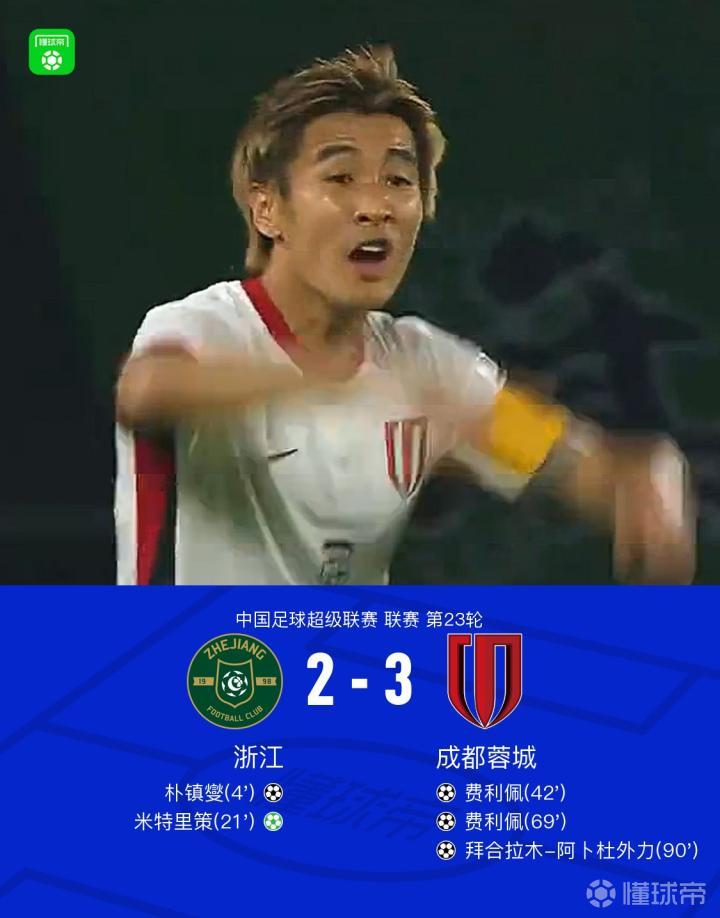 浙江2-3遭成都逆转,拜合拉木绝杀,费利佩双响